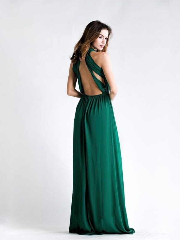 Backless Sleeveless Green V-neck Maxi Dress