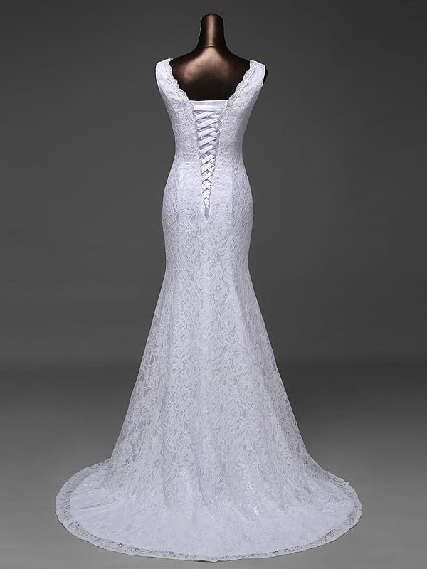 V-neck Lace Appliques Backless Mermaid Wedding Dress