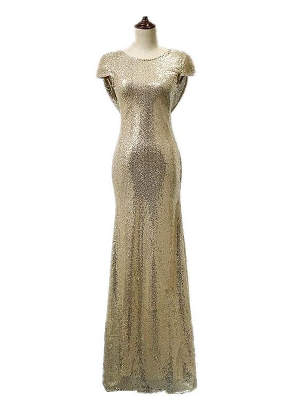 Low Back Cap Sleeves Long Sequin Bridesmaid Dress | Uniqistic.com
