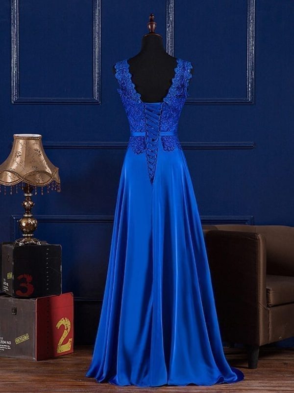 Royal Blue Burgundy Boat Neck Lace Satin Long Evening Bridesmaid Dress