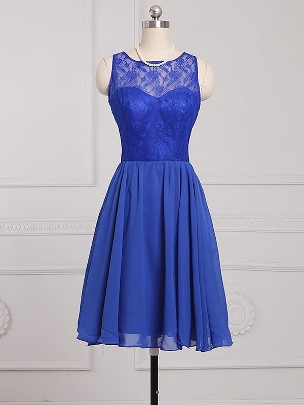Blue Chiffon A-line Bridesmaid Dress With Lace Zipper Back