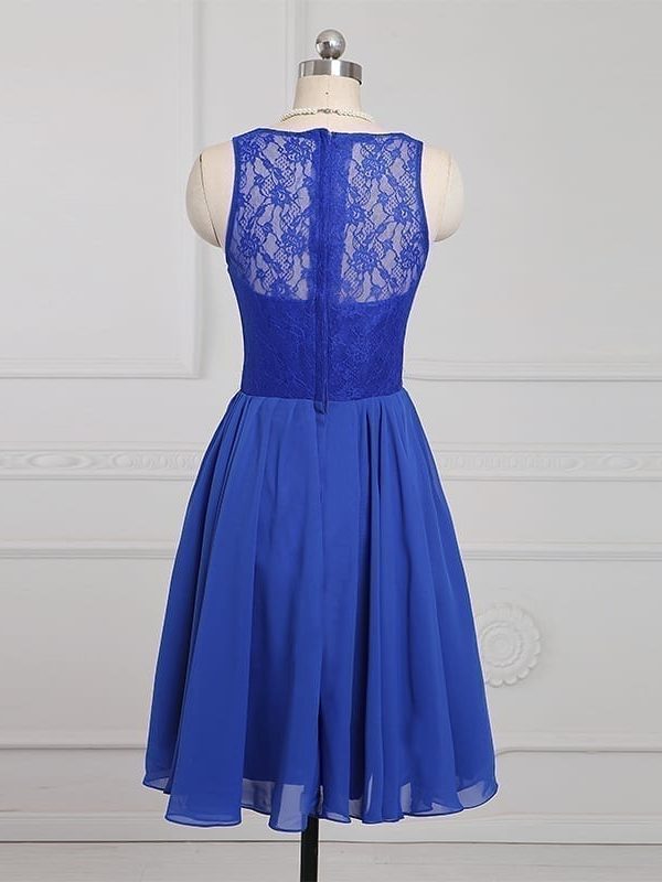 Blue Chiffon A-line Bridesmaid Dress With Lace Zipper Back