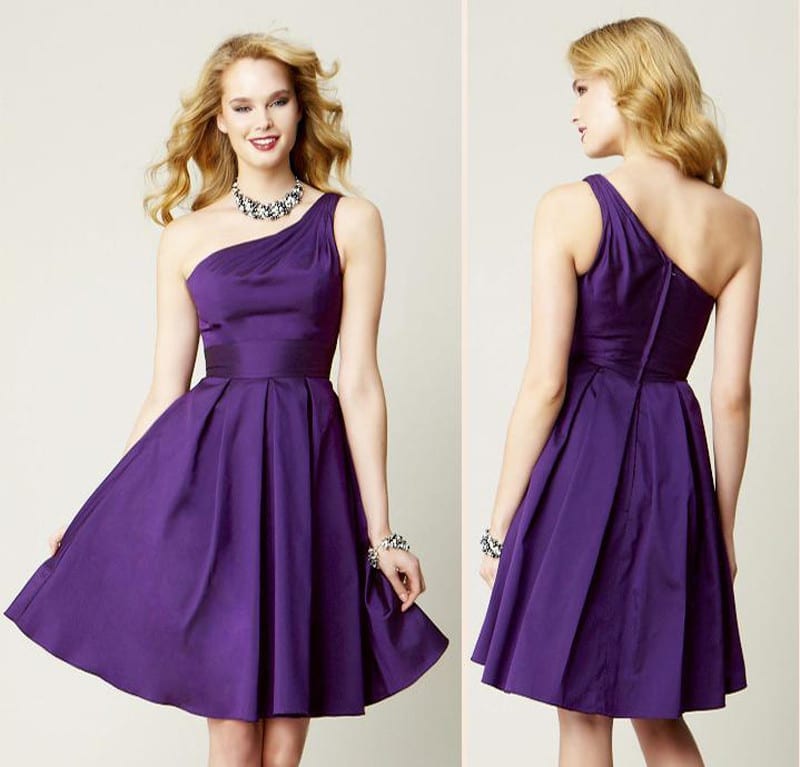 Purple Knee-Length One-Shoulder Short Bridesmaid Dress - Uniqistic.com