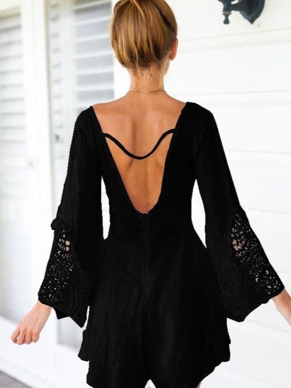 Long Sleeve Deep V-neck Backless Hollow Out Lace Jumpsuit