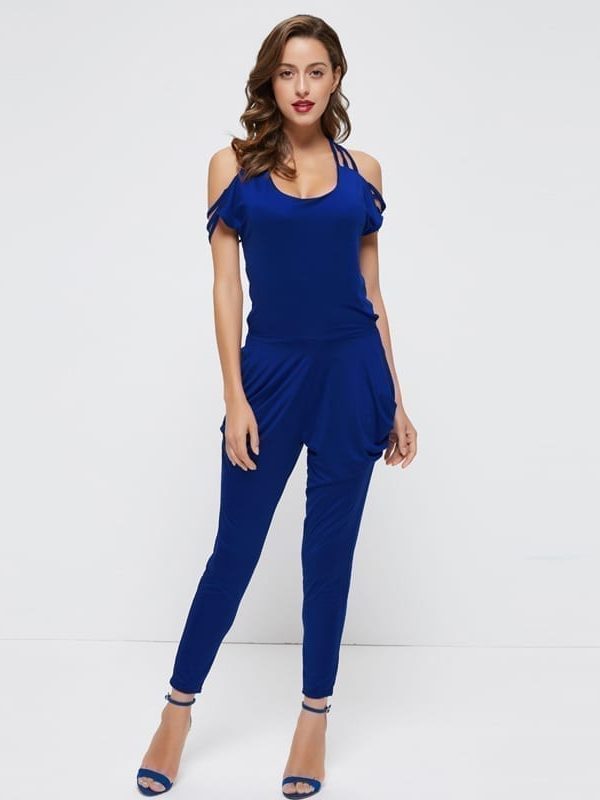 Blue Backless Hollow Out Full Length Pants Jumpsuit