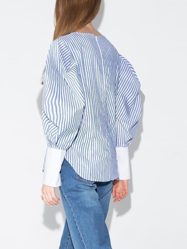Striped Lantern Sleeve Zipper O-neck Shirt