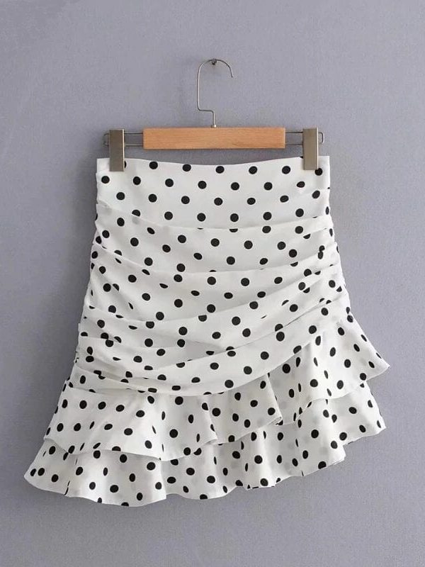 Polka dot print pleated asymmetrical skirt