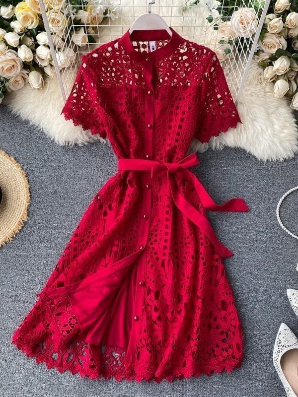 Elegant hollow out balck red white short sleeve beach dress