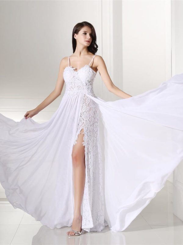Backles Lace Split Chiffon Beach Wedding Dress