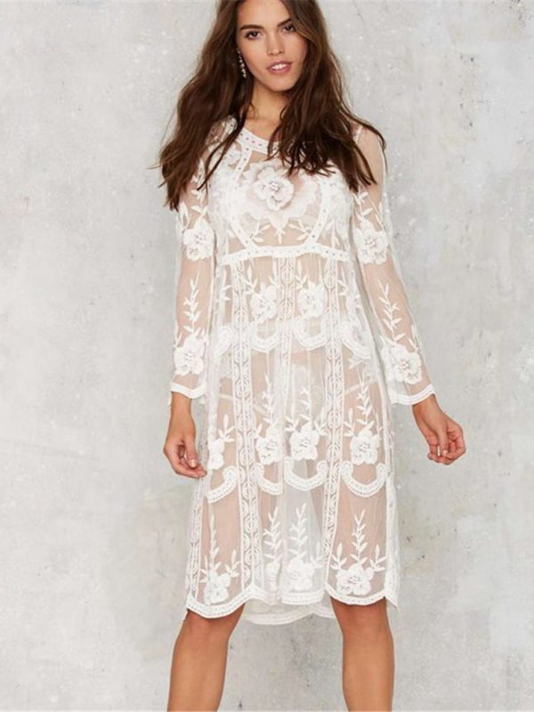White Lace Long Sleeve Knee Length Loose Beach Dress