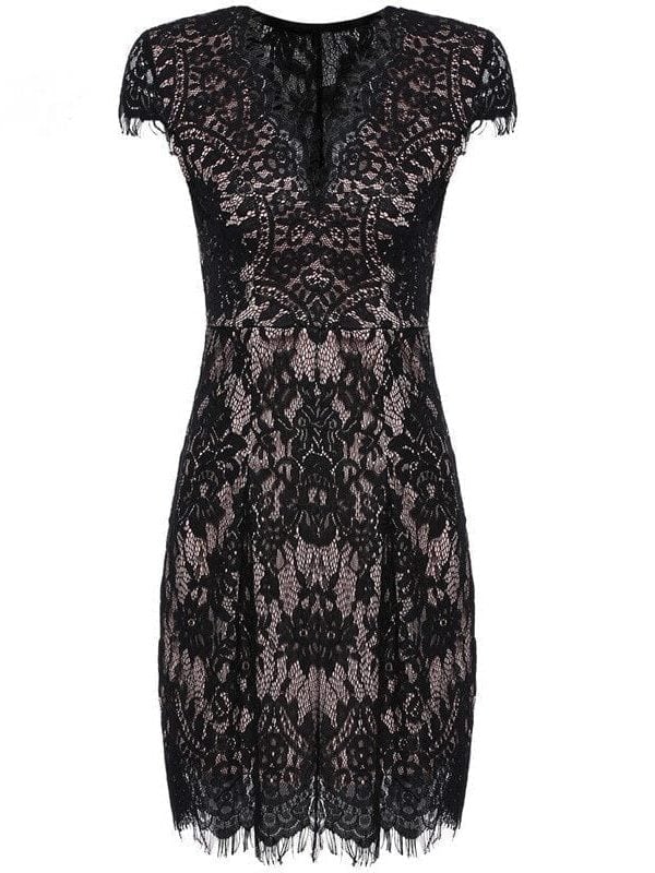 Black Bodycon Cap Sleeve Deep V-neck Elegant Lace Dress