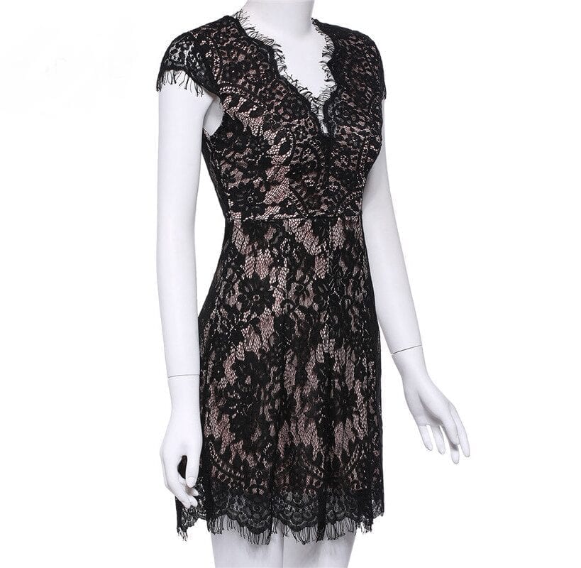 Black Bodycon Cap Sleeve Deep V-neck Elegant Lace Dress