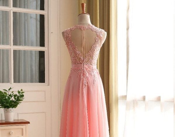 Pink Elegant A-line Long Open Back Vintage Evening Dress