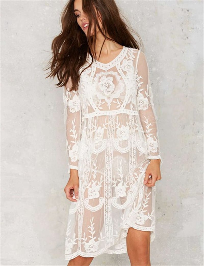 White Lace long Sleeve Knee Length Loose Beach Dress | Uniqistic.com