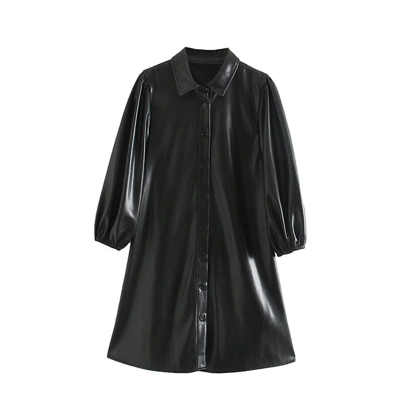 Black PU Faux Leather Short Sleeve Turn-Down Collar Dress | Uniqistic.com