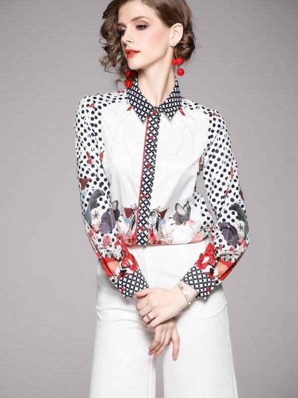 Vintage Print Long Sleeve Chiffon Work Office Blouse Shirt in Blouses & Shirts