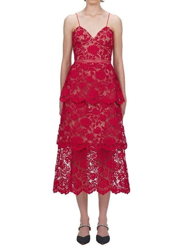 Red A-line Strap Lace Mid-calf Dress