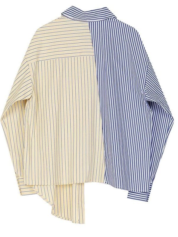 Blue Striped Lapel Long Sleeve Loose Fit Women Shirt Blouse