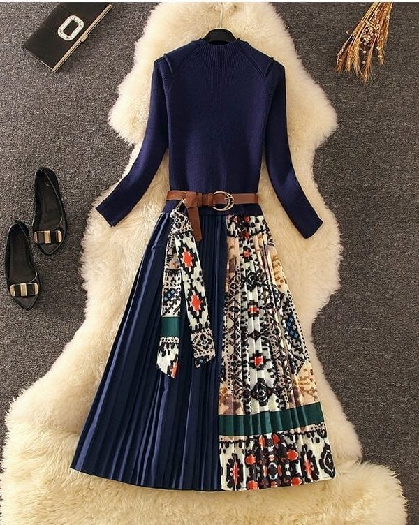 Elegant Knitted Patchwork Pleated Midi Dress