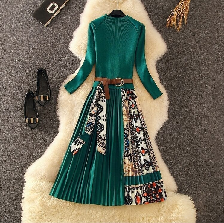 Elegant Knitted Patchwork Pleated Midi Dress