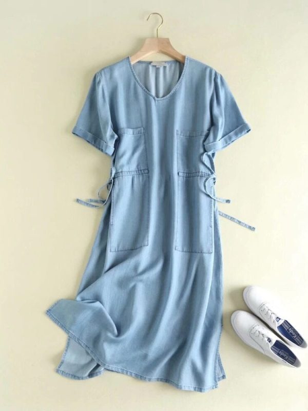 Vintage Blue V Neck Short Sleeve Drawstring Waist Denim Dress