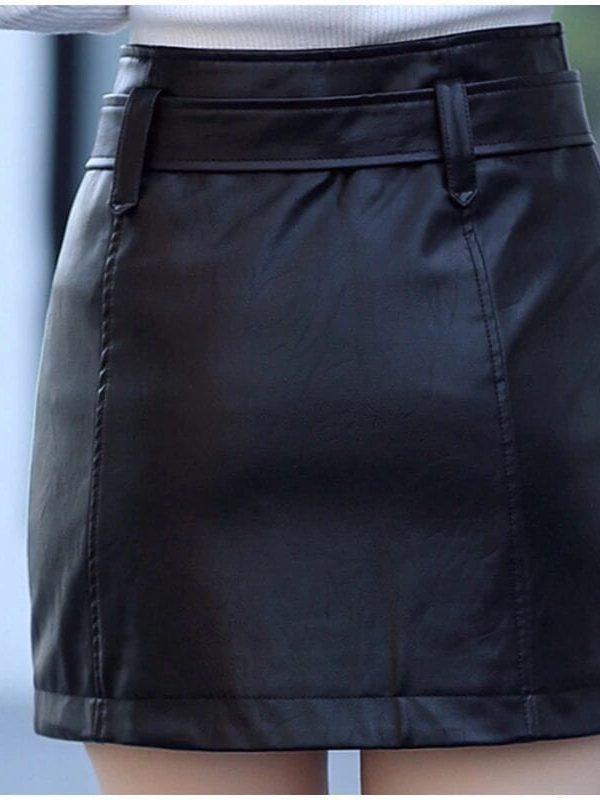 Leather High Waist Vintage A-line Office Solid Mini Skirt