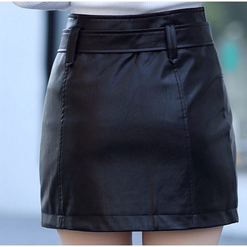 Leather High Waist Vintage A-line Office Solid Mini Skirt