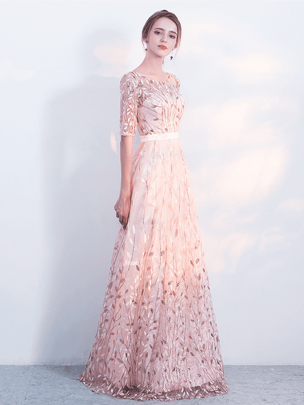 Elegant embroidery pink o-neck long half sleeve bridesmaid dress