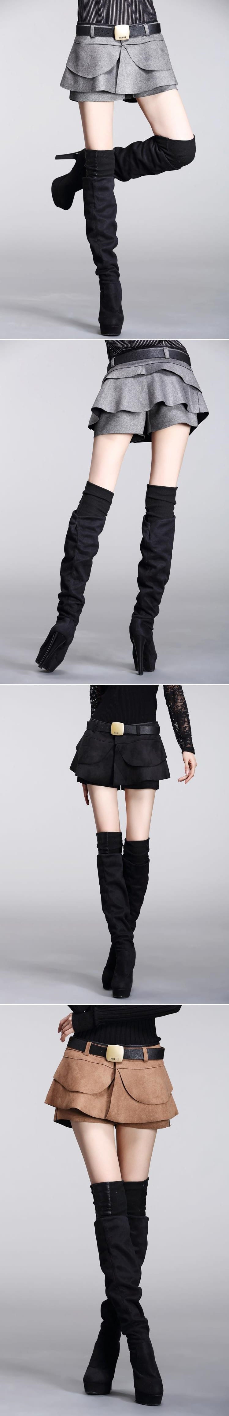Suede Crochet High Waist Pleated Solid Shorts Skirt Boots