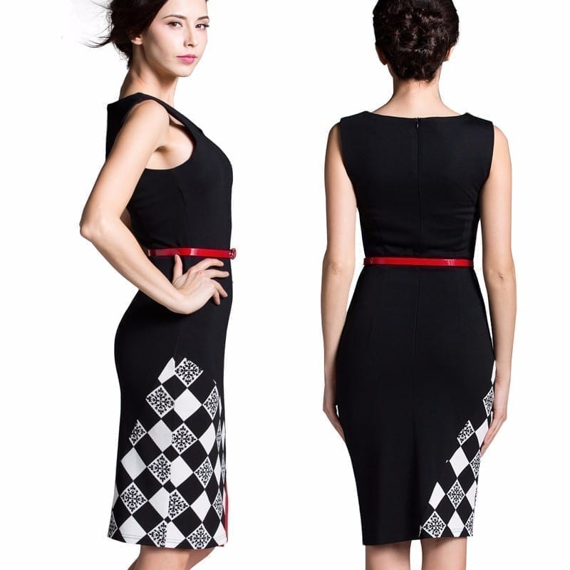 Knee-length Belted Black Grid Casual Office Business Bodycon Elegant Pencil Dress