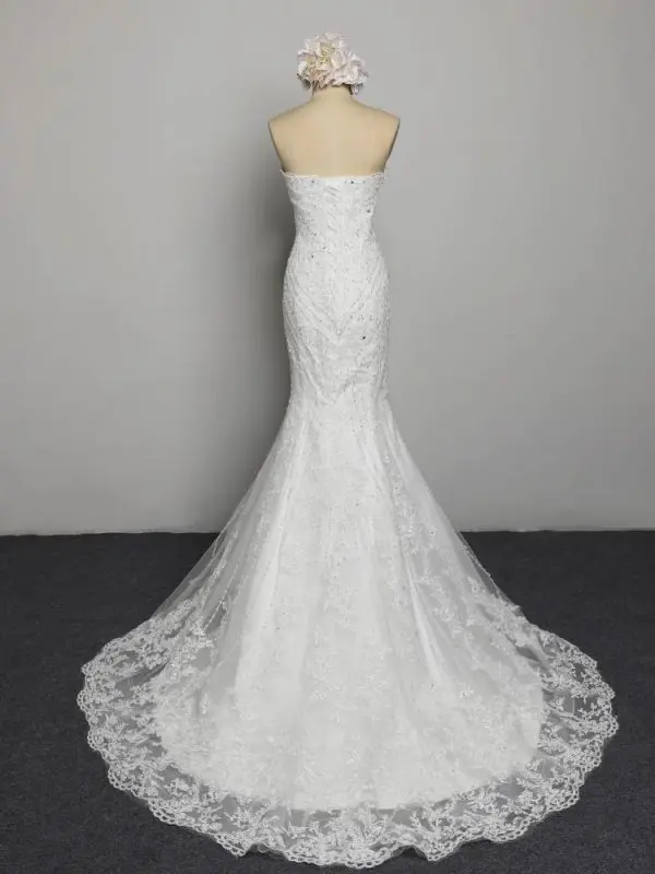 Strapless Lace Up Back Crystal Beading Appliques Lace Mermaid Wedding Dress