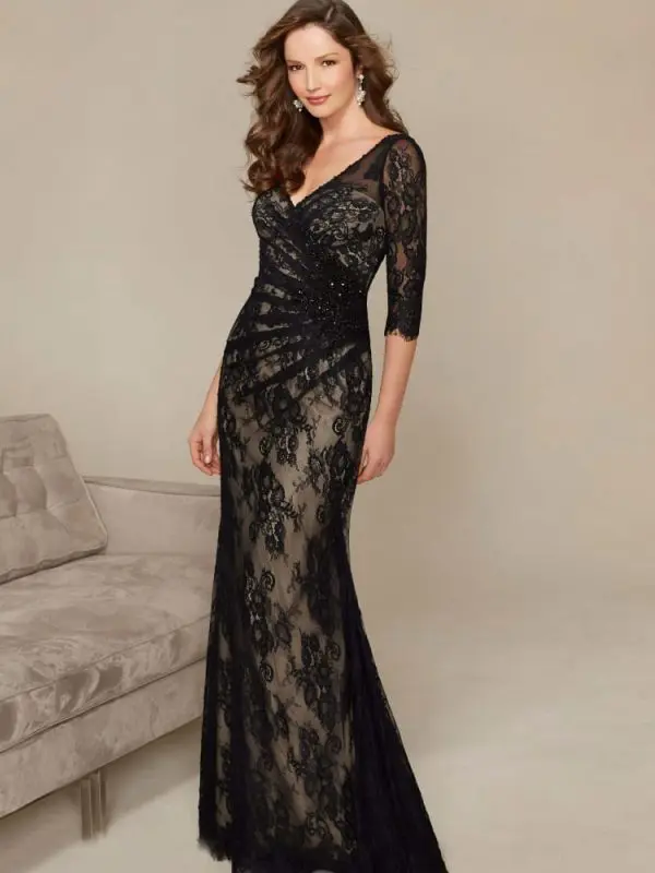 3/4 Long Sleeve Long Mermaid Black Lace Evening Mother Of The Bride Dress