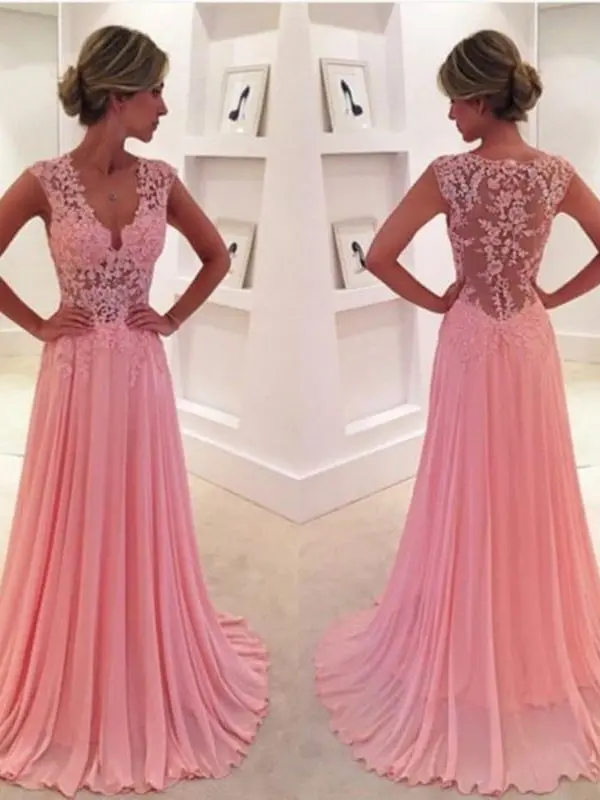 V-neck Long Pink Appliques Lace See Through Back Evening Party Prom Dress