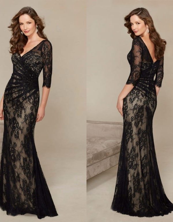 3/4 Long Sleeve Long Mermaid Black Lace Evening Mother Of The Bride Dress in Mother of the Bride Dresses