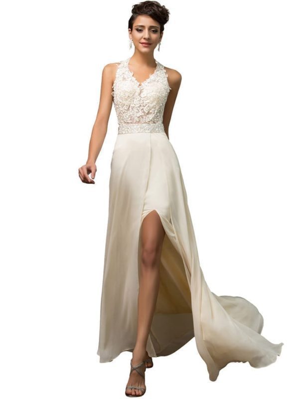 Beige Princess Embroidery Halter Backless A-Line Wedding Dress in Wedding dresses