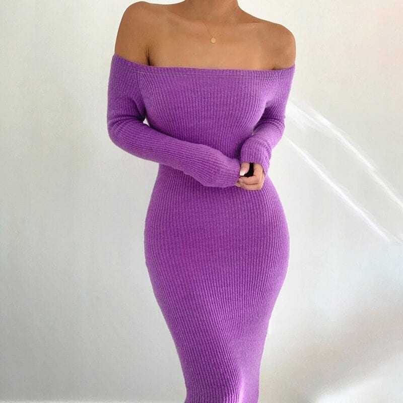 Off Shoulder Ribbed Knitted Long Sleeve Bodycon Midi Dress