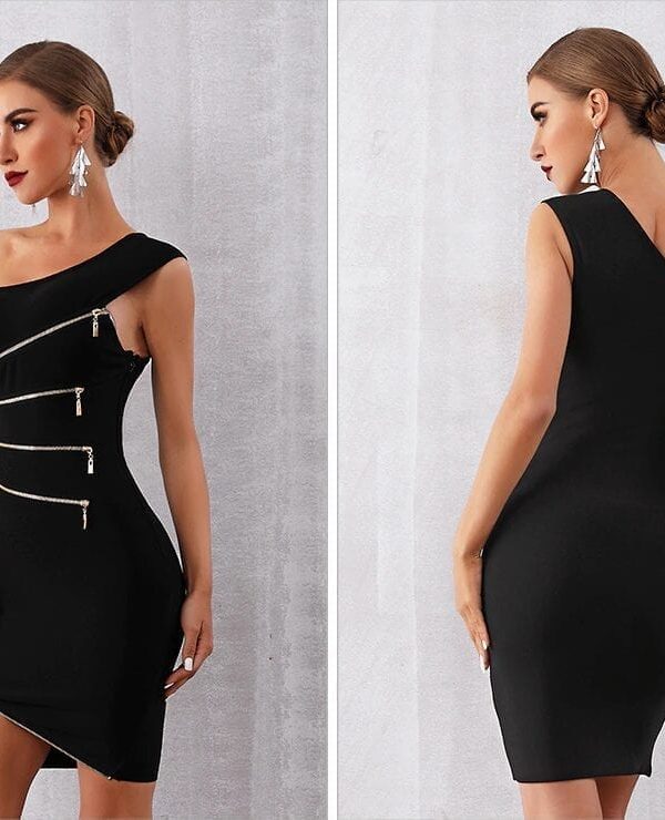 Elegant One Shoulder Zipper Black Club Party Bandage Dress