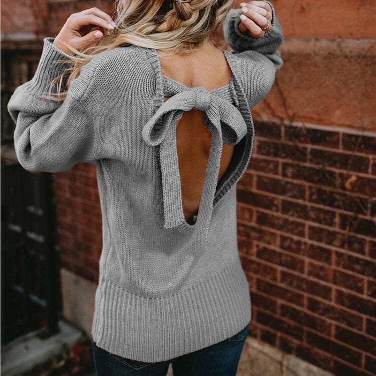 Sweet Backless Bowknot Lantern Long Sleeve Pullover Sweater