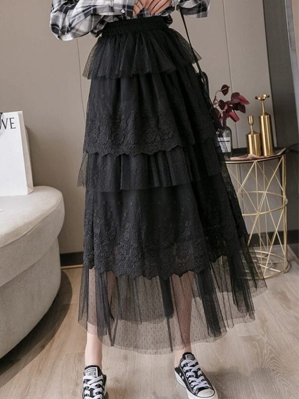 Elegant High Waist Black  Lace Tulle Women Skirt