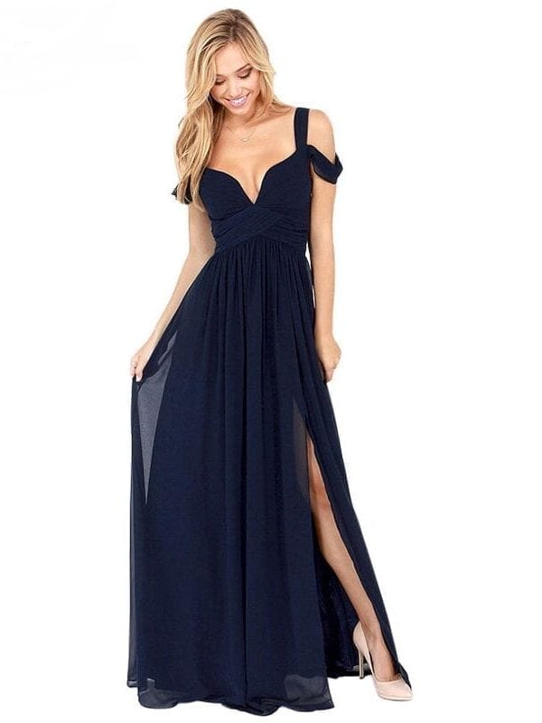 Floor Length Solid Side Slit V-Neck Off Shoulder Gown Dress - Dresses - Uniqistic.com