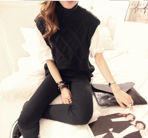 Turtleneck Thick Warm Long Knit Sleeveless Sweater Pullover Vest