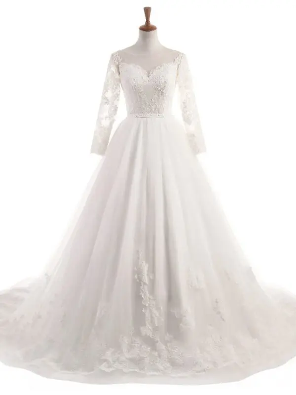 Elegant Three Quarter Sleeve Backless Lace Princess Wedding Dress