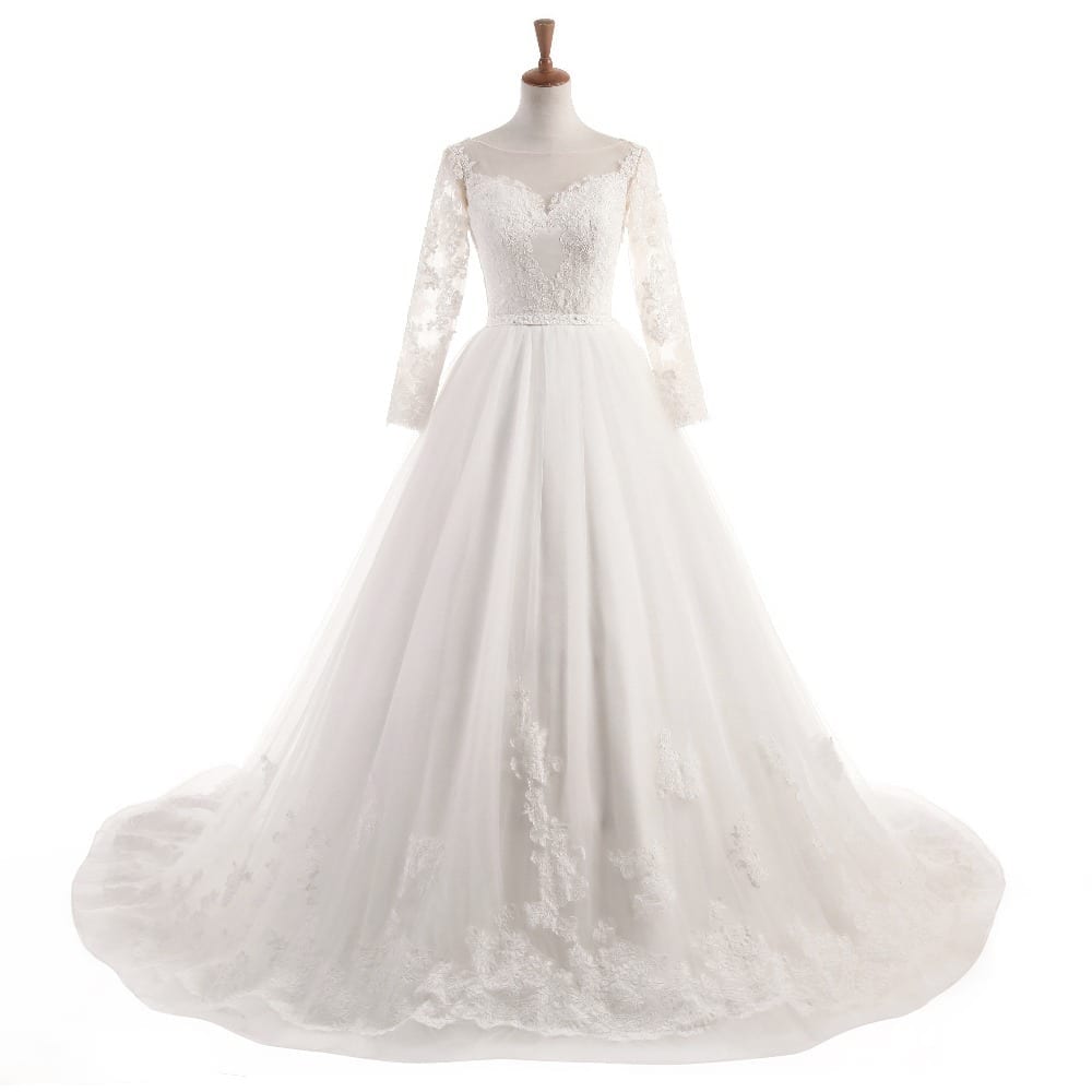 Elegant Three Quarter Sleeve Backless Lace Princess Wedding Dress