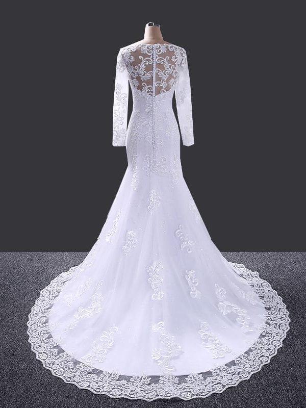 V-neck Mermaid Long Sleeve Lace Beaded Wedding Dress