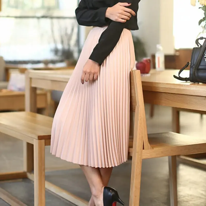 A-line Pink Gray Black Pleated Skirt