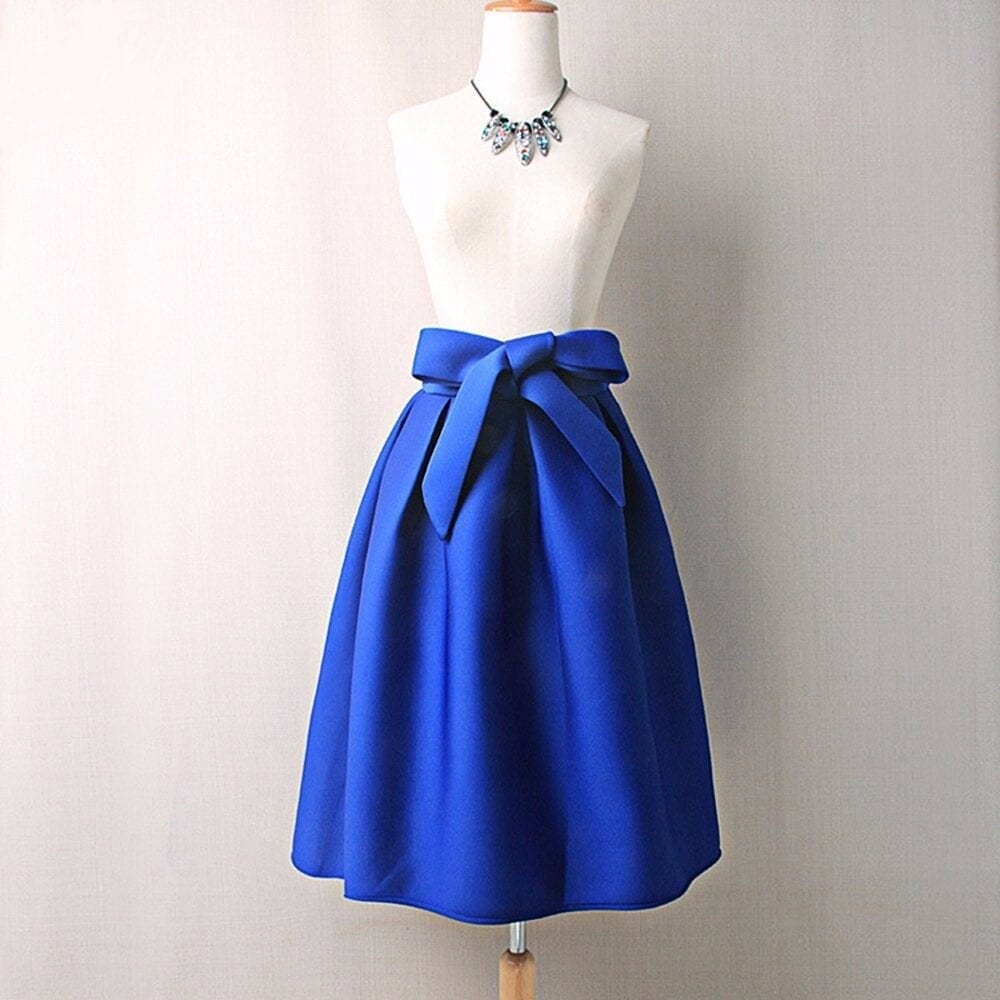 Elegant Vintage High Waist Pleated Long Midi A-line Big Bow Side Zipper Skater Skirt