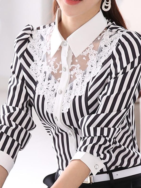 Elegant Striped Lace Long Sleeve Embroidery Office Blouse Shirt