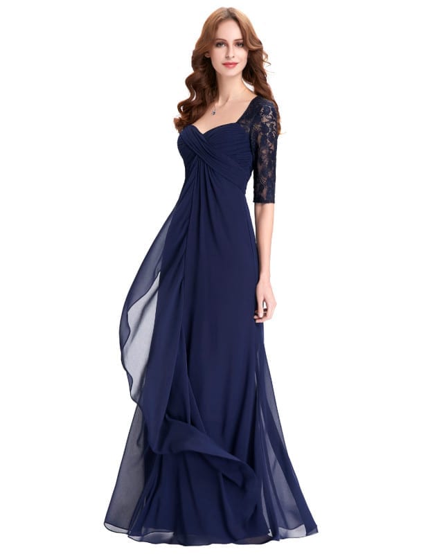 Navy Blue Half Sleeve Ruffles Chiffon Long Evening Mother Of The Bride Dress
