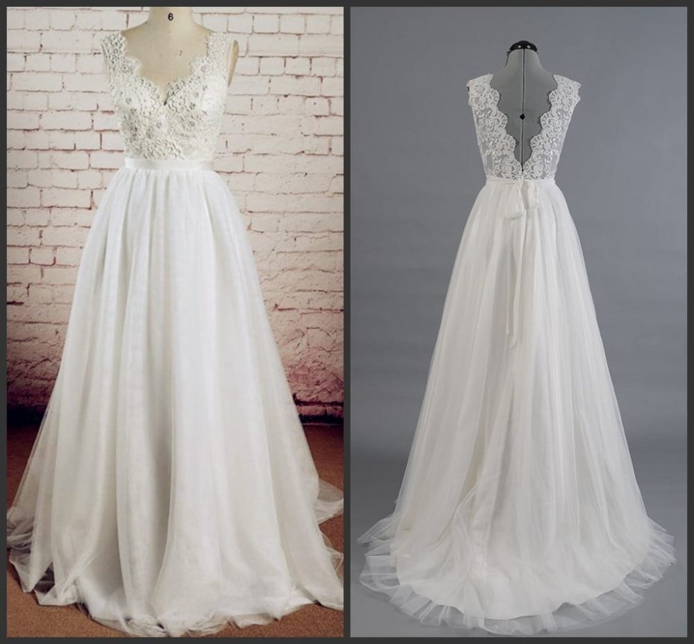 V-Neck Lace Applique Low Back Tulle A-line Wedding Dress ...