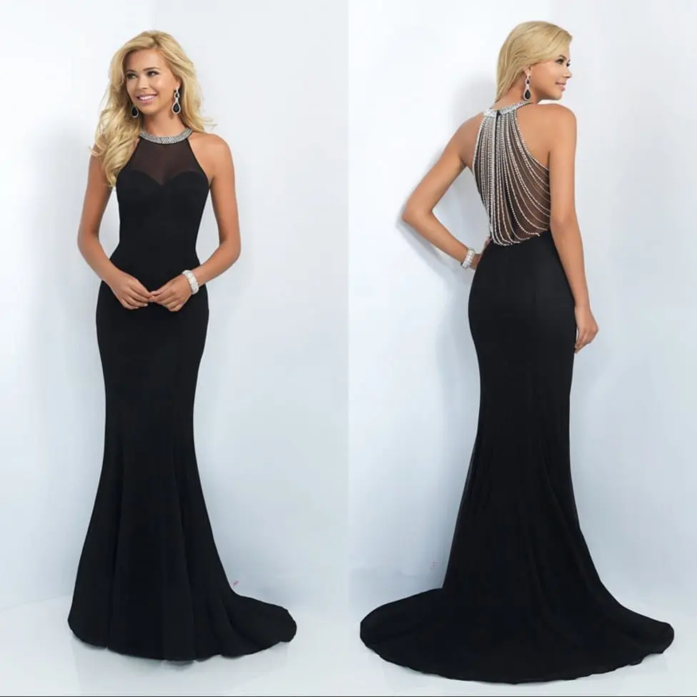 Black O-neck Sleeveless Floor Length Long Mermaid Evening Dress